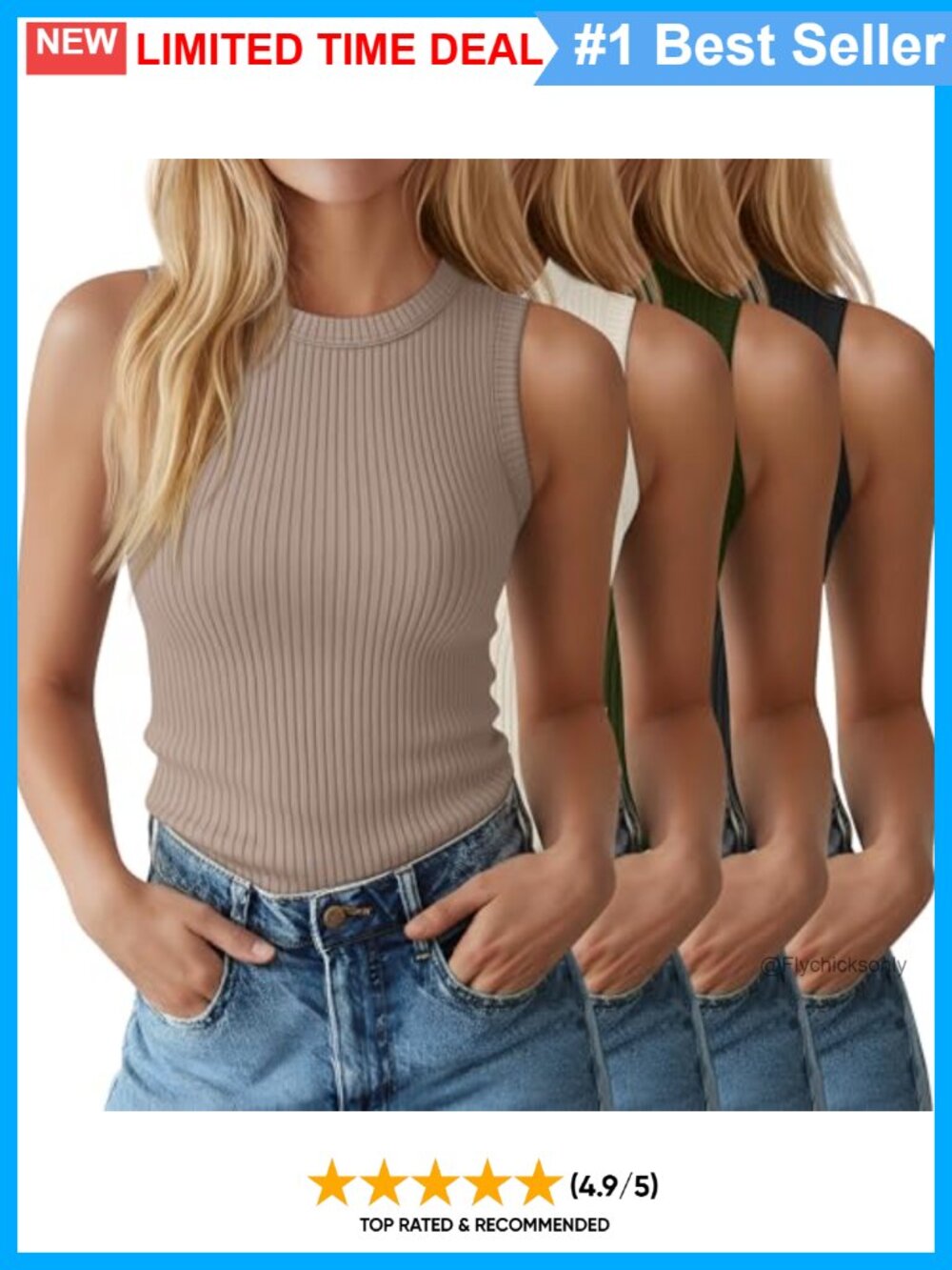 4 Pack 95% Cotton Ribbed Tank Tops for Women Sleeveless Crew Neck